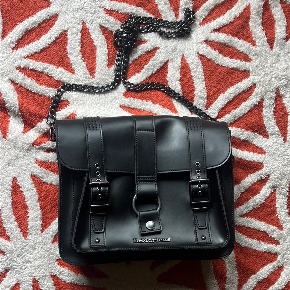 Dr. Martens Black Leather Messenger Style Crossbody Bag with Chain Strap